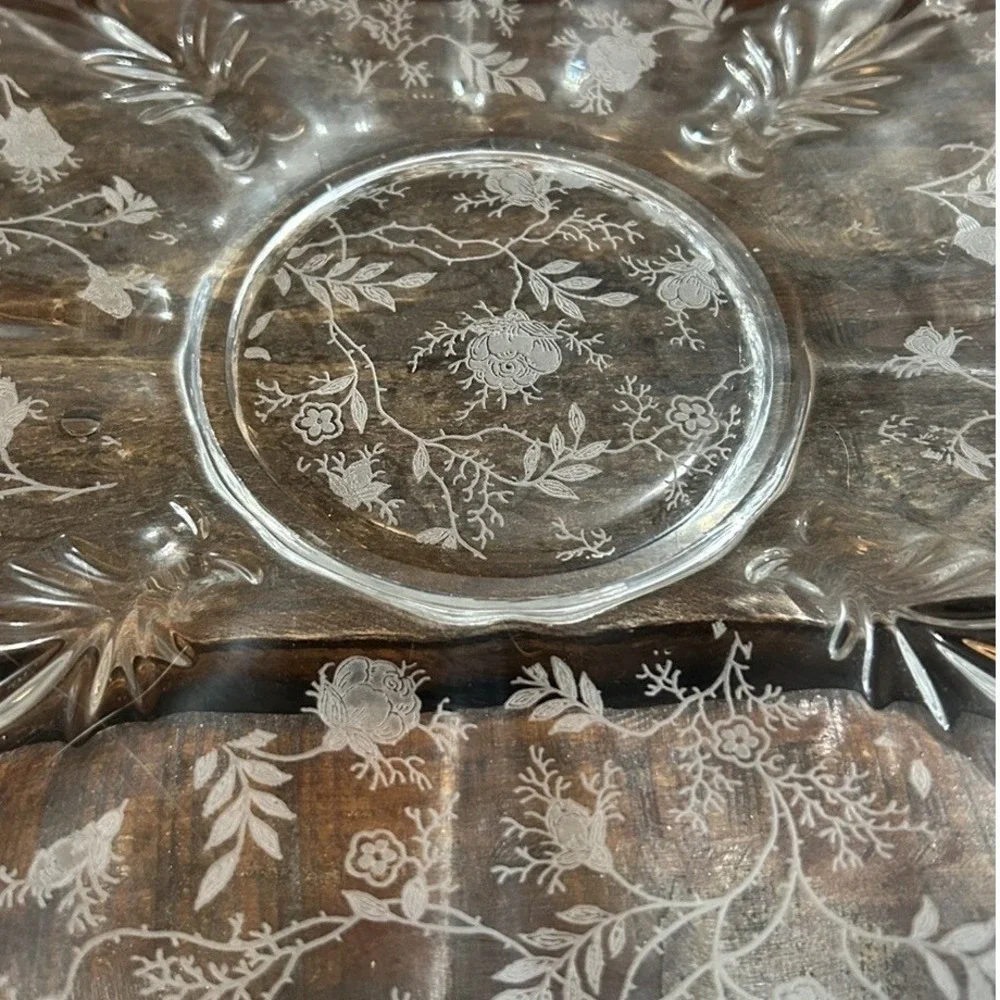 Fostoria Chintz Baroque Glass Floral Clear Dessert Plate Platter Vtg Decor MCM
